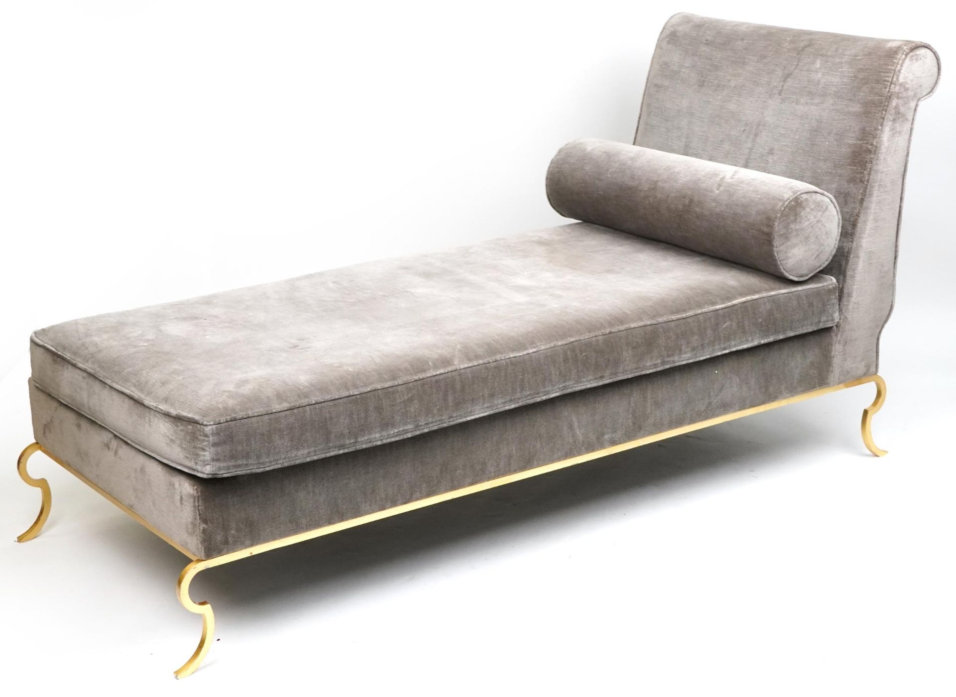 Contemporary grey upholstered chaise longue with gilt metal frame, 91cm H x 175cm W x 77cm D