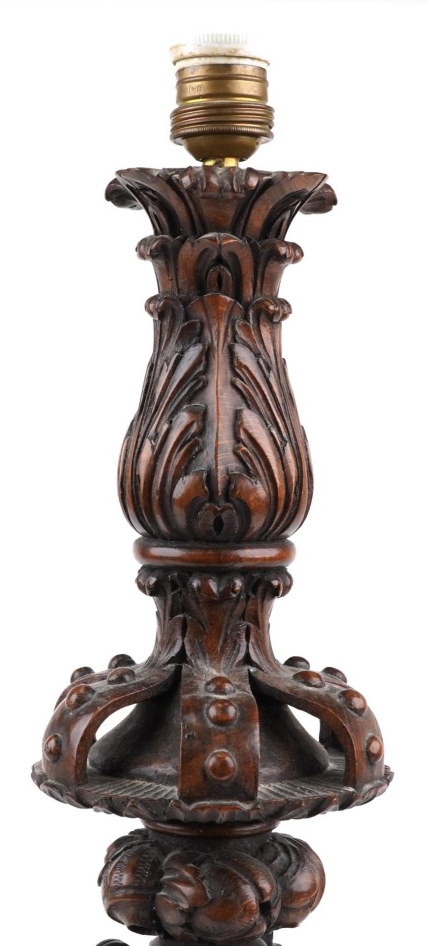 Large antique oak candle holder profusely carved with foliage, overall 76cm high - Image 2 of 5