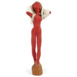 Neil Wilkinson, contemporary Brutalist painted carved wood sculpture with cloth of a nude female,