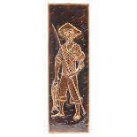 Arts & Crafts style copper wall plaque embossed with a young fisherman, 58.5cm x 19cm