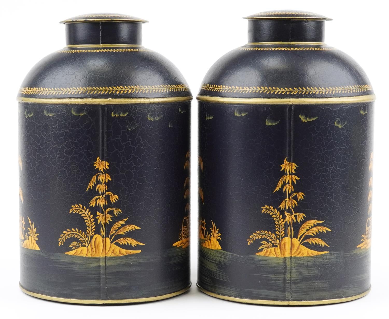 Pair of Toleware cannisters decorated in the chinoiserie manner with fishermen, 36cm high - Image 3 of 6