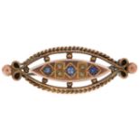 Victorian 9ct gold blue stone and seed pearl brooch, 4cm wide, 4.8g