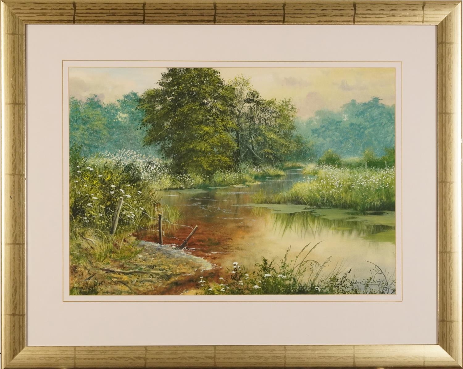 Andrew Dandridge - Dawn on the River, watercolour, label verso, mounted, framed and glazed, 56cm x - Image 2 of 6