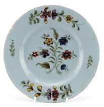 19th century continental faience glazed plate hand painted with flowers, 18cm in diameter