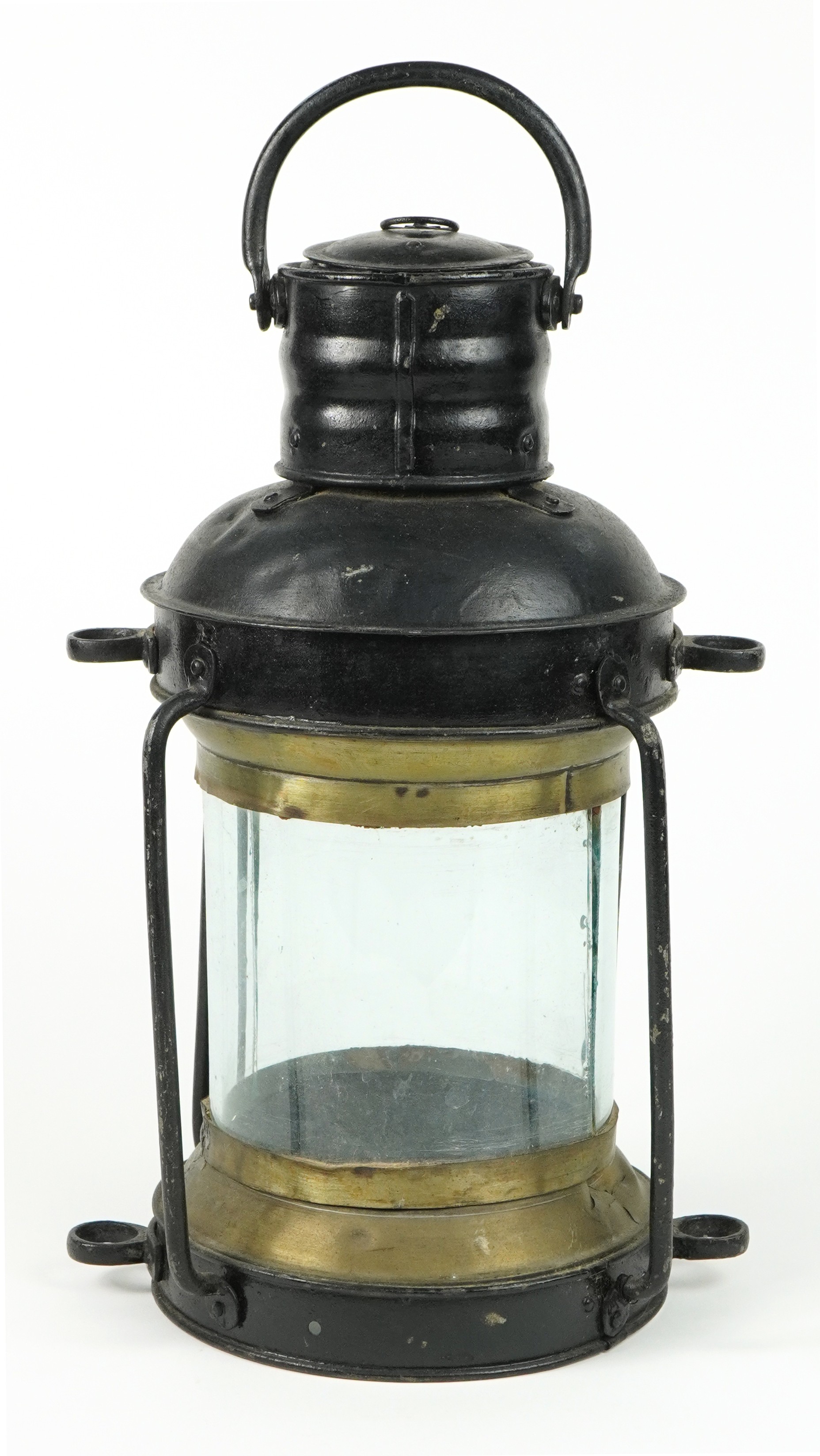 Antique shipping interest ship's hanging lantern with glass panel, 42cm high excluding the handle