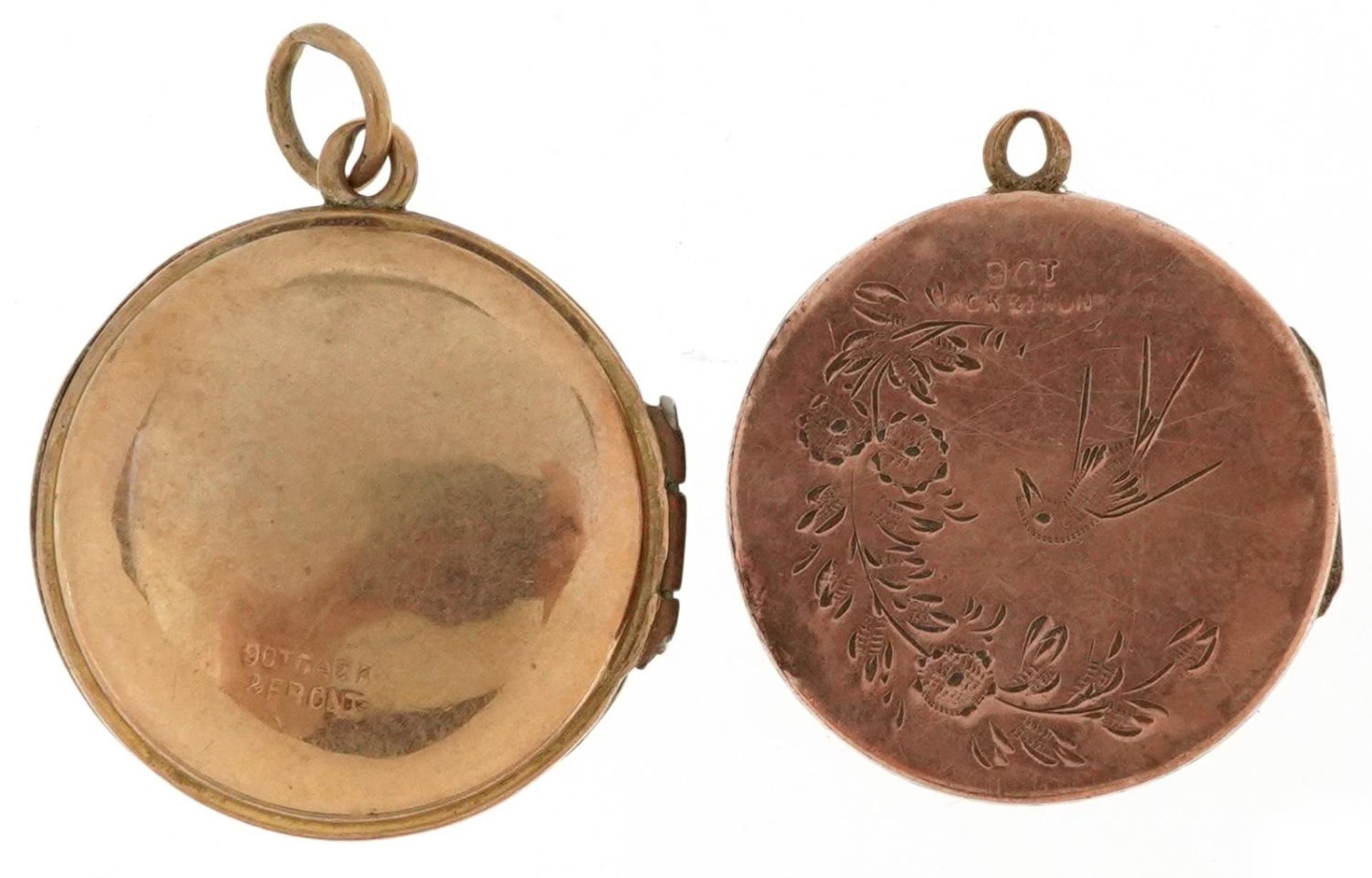 Two Victorian and later 9ct gold back and front lockets, one engraved with a bird and flowers, - Image 3 of 4
