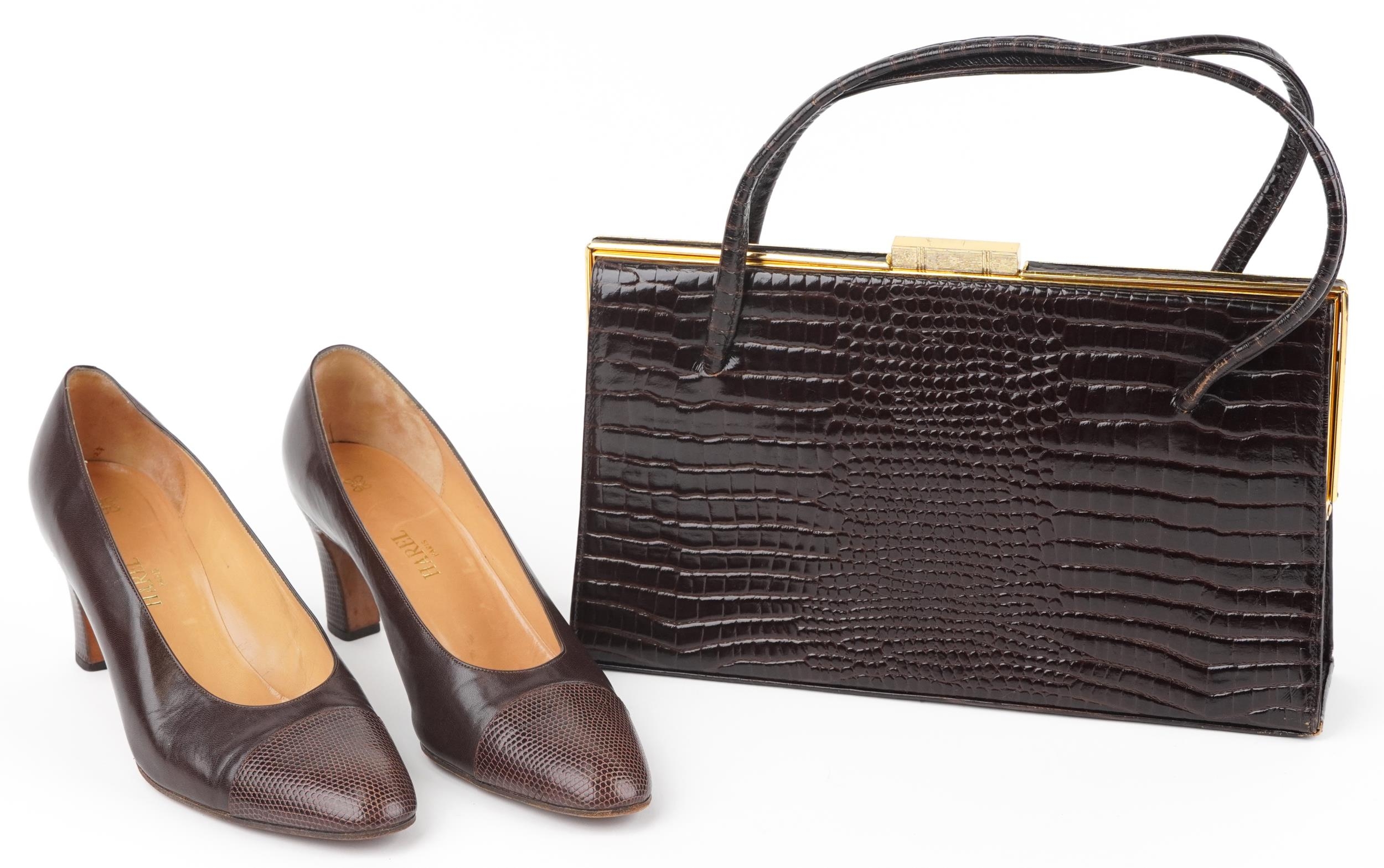 Vintage faux crocodile skin leather lady's handbag and a pair of French heels by Harel, size 39