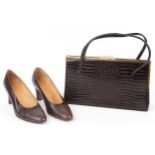 Vintage faux crocodile skin leather lady's handbag and a pair of French heels by Harel, size 39