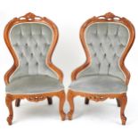 Pair of Victorian style mahogany spoon back bedroom chairs with carved shell crest and olive green