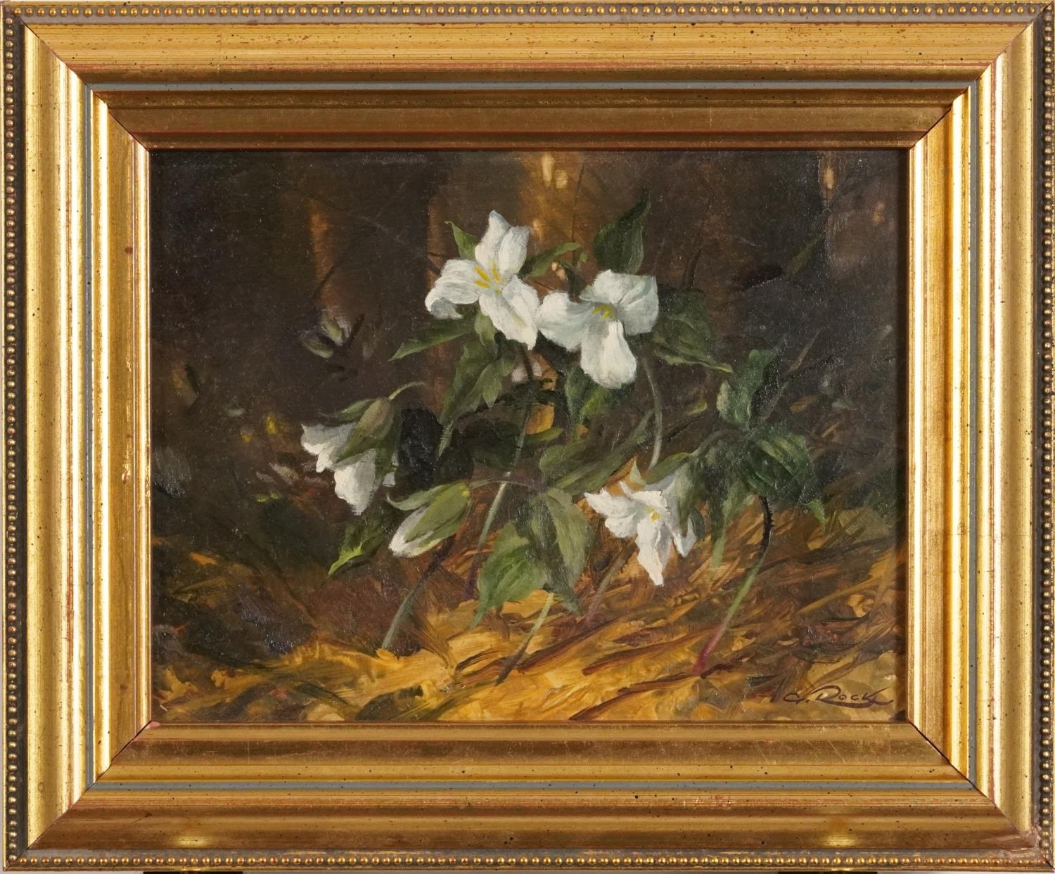 Geoffrey Rock - Trilliums, The Flower of Ontario, Canadian oil on board, label verso, mounted and - Image 2 of 6
