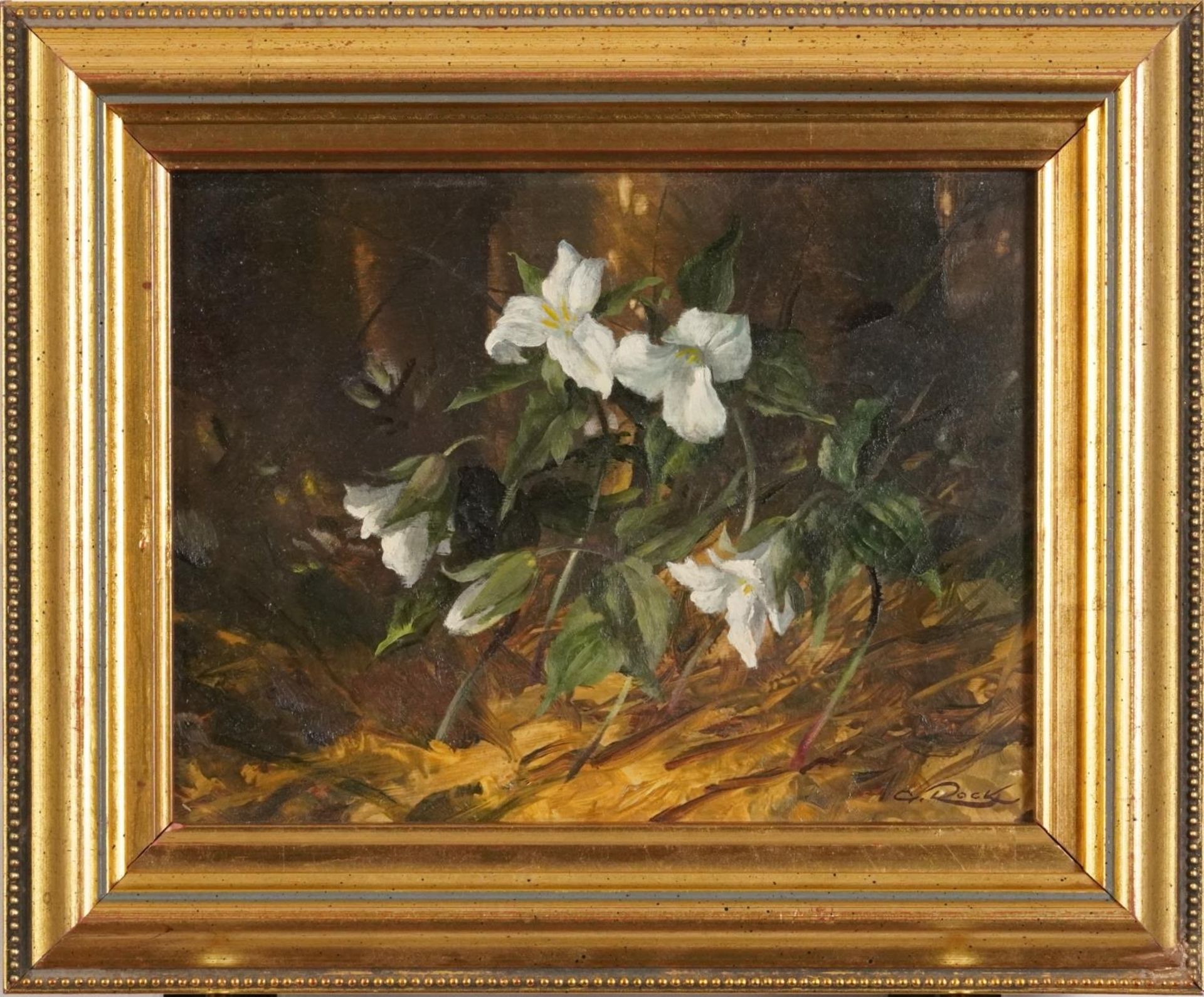 Geoffrey Rock - Trilliums, The Flower of Ontario, Canadian oil on board, label verso, mounted and - Bild 2 aus 6