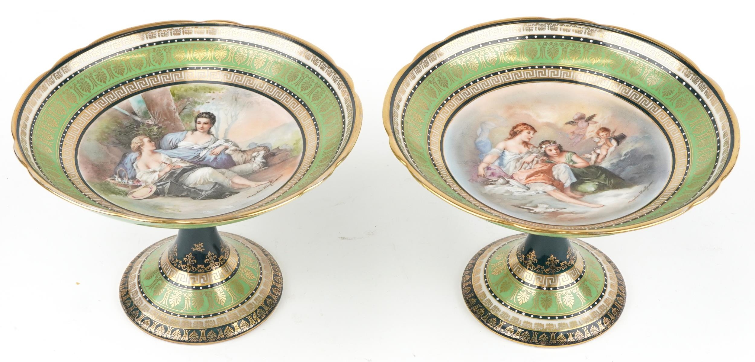 Pair of Royal Vienna style pedestal tazzas decorated with scantily dressed females after Angelica - Image 2 of 8