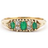18ct gold emerald and diamond seven stone ring, the largest emerald approximately 3.70mm x 2.40mm