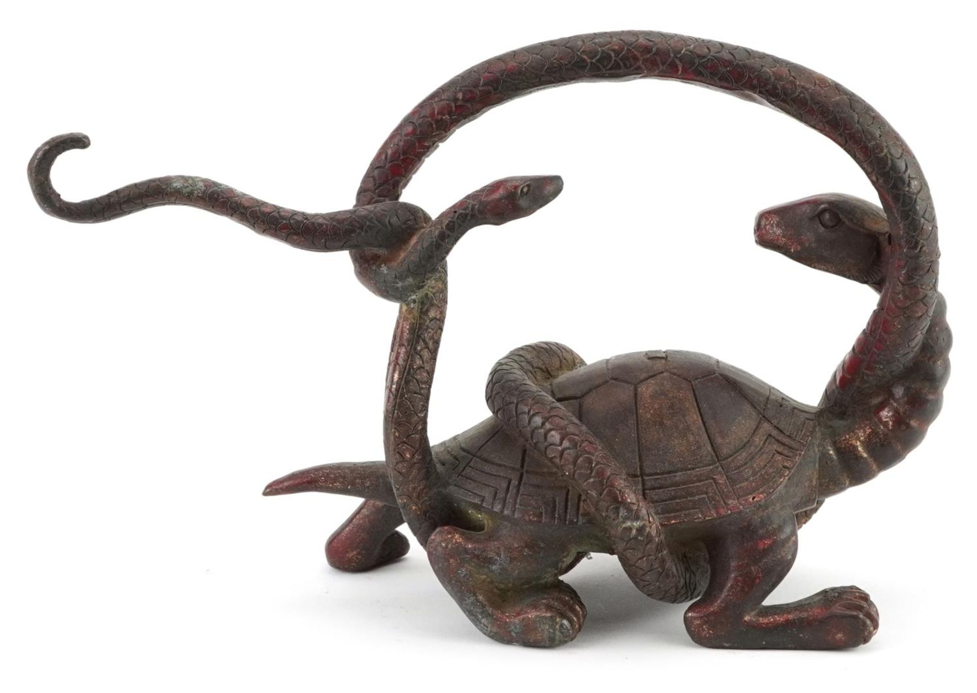 Chinese partially gilt and red lacquered bronze of a mythical tortoise and serpent, 26cm in length - Image 4 of 7