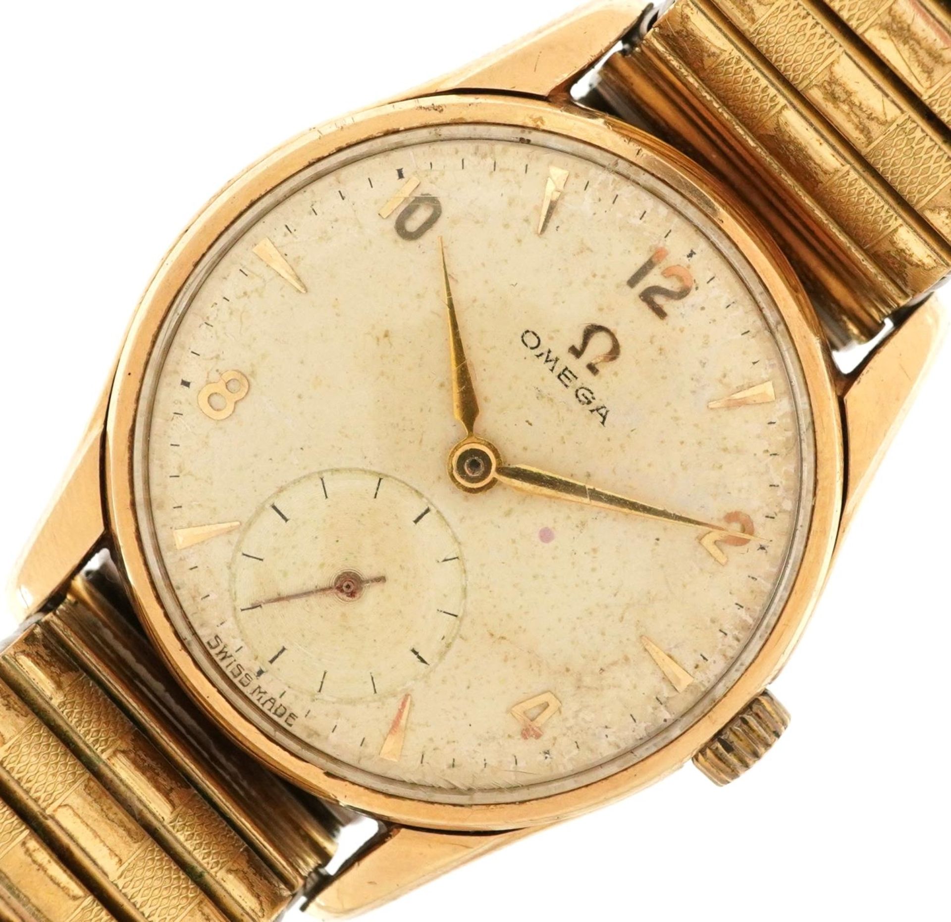Omega, gentlemen's 9ct gold manual wind wristwatch having subsidiary dial with Arabic numerals,