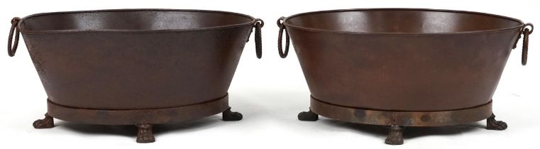 Pair of cast metal oval lock buckets with ring turned handles on paw feet, each 32cm H x 72cm W x