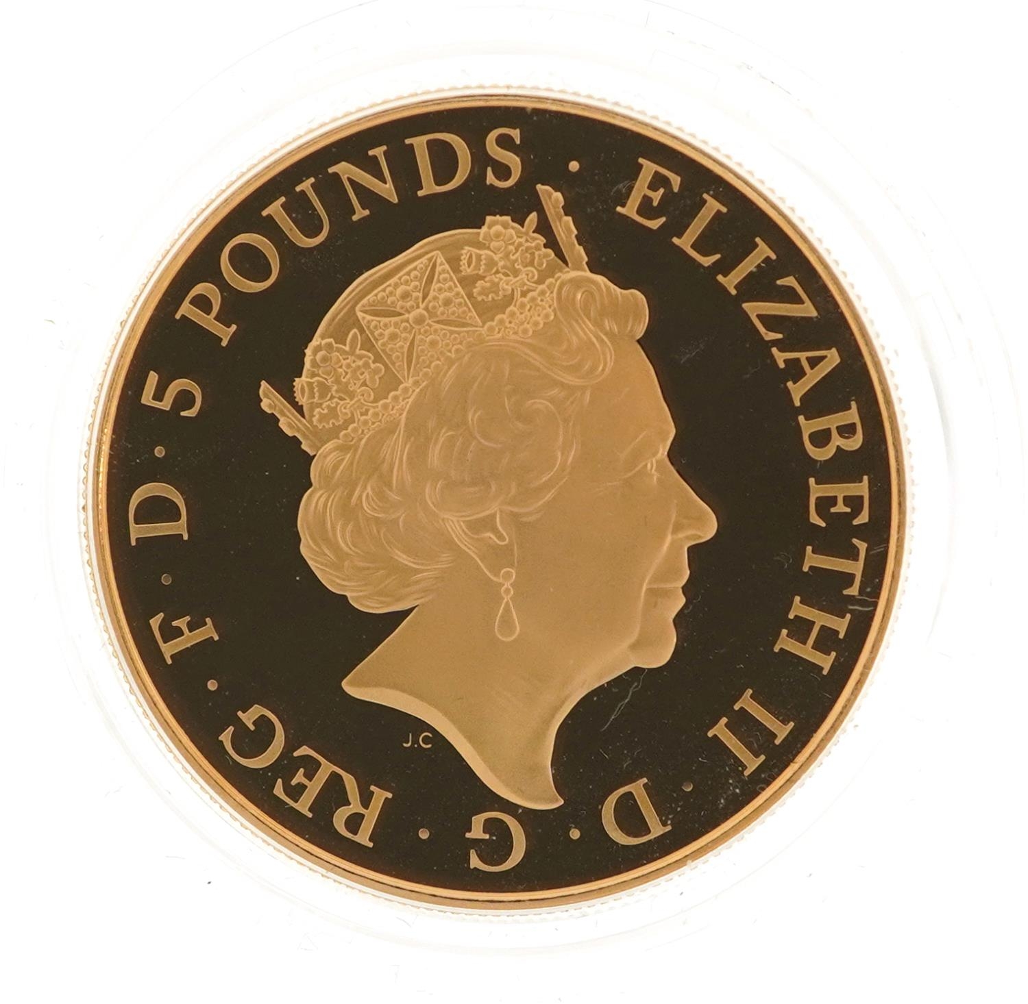 Elizabeth II 2015 gold proof five pound coin commemorating the christening of HRH Princess Charlotte - Image 3 of 4