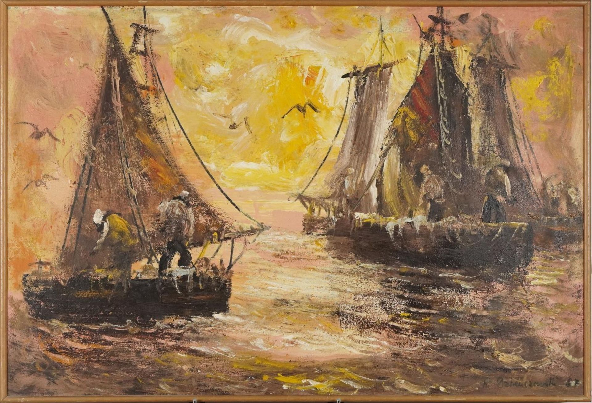 Fishing boats, 1960s European Impressionist oil on board, bearing an indistinct signature, Isioro - Bild 2 aus 5