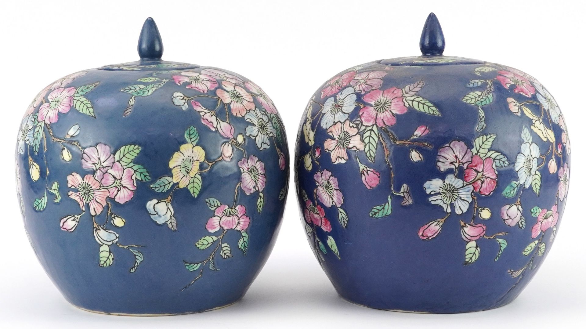 Pair of Chinese porcelain jars and covers hand painted with flowers, each 25.5cm high - Bild 3 aus 8