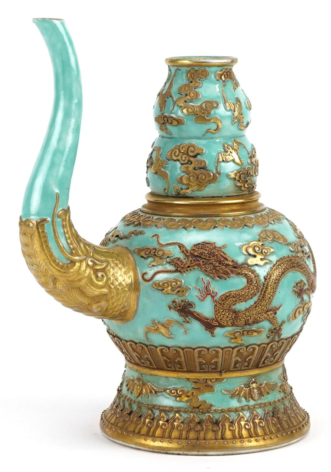 Chinese porcelain turquoise ground wine vessel gilded with dragons and bats amongst clouds, six