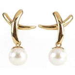 Pair of 14ct gold pearl drop earrings, possibly Mikimoto, 2.3cm high, 4.0g