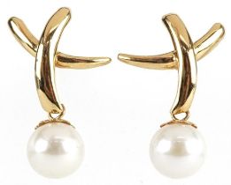 Pair of 14ct gold pearl drop earrings, possibly Mikimoto, 2.3cm high, 4.0g