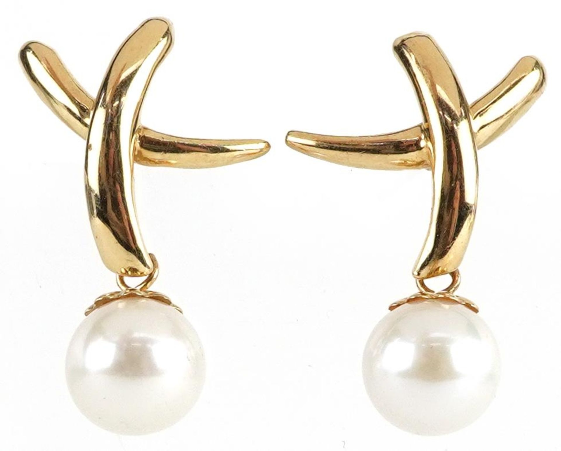 Pair of 14ct gold pearl drop earrings, possibly Mikimoto, 2.3cm high, 4.0g