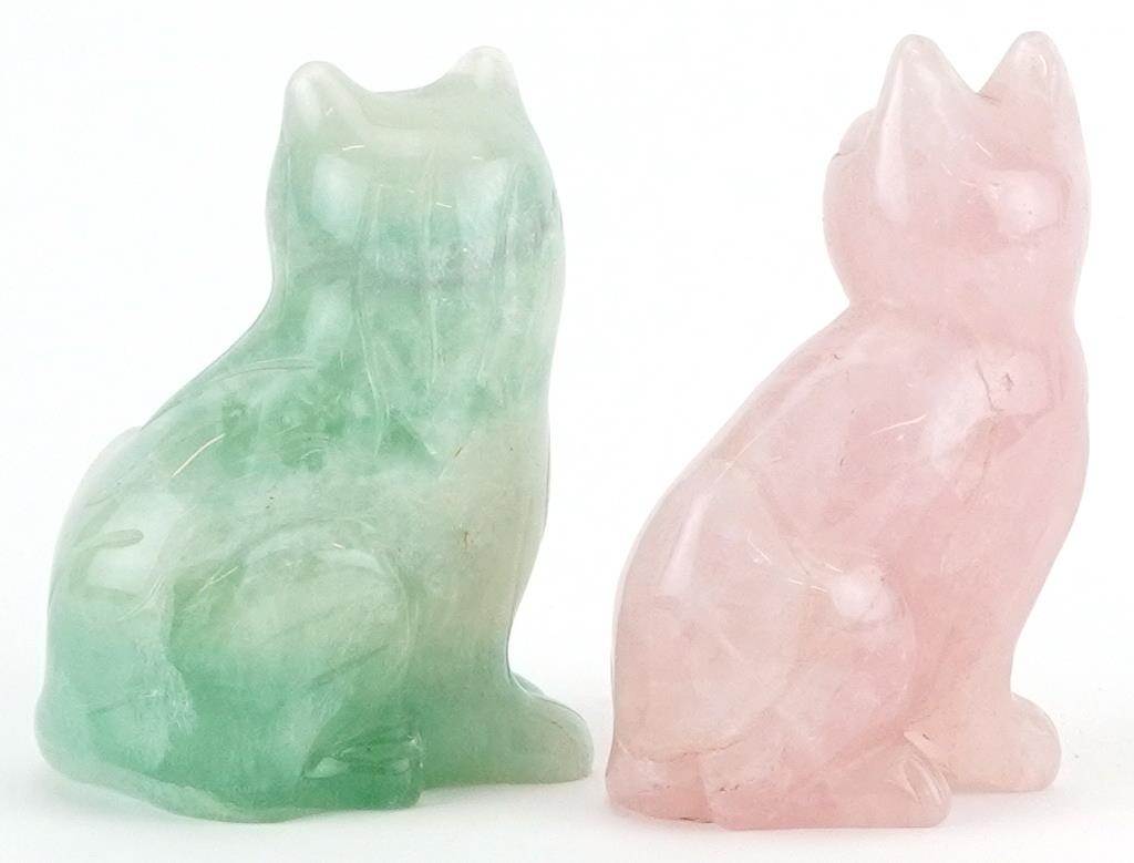 Two carved hardstone cats comprising rose quartz and fluorite, the largest 8.5cm high - Image 2 of 3