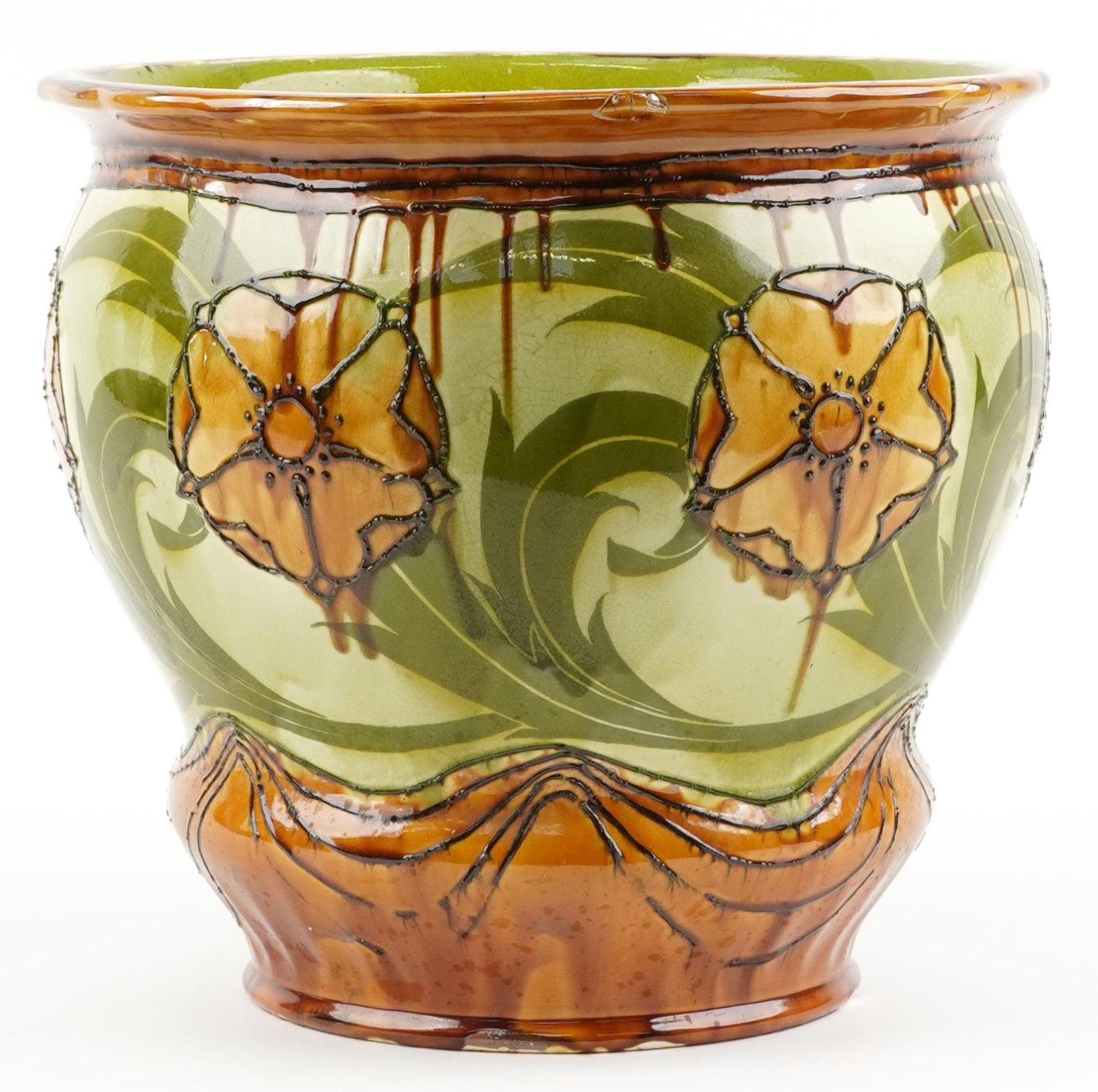 Mintons Secessionist jardiniere hand painted and tubelined with stylised flower heads and foliage, - Image 2 of 3