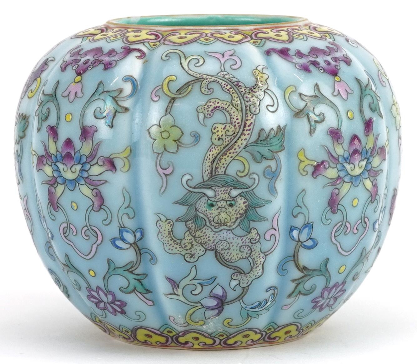 Chinese porcelain purple and turquoise ground vase hand painted in the famille rose palette with - Image 3 of 7