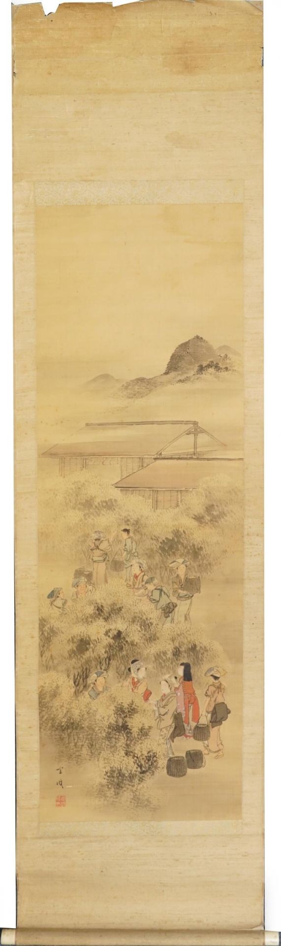 Harvest scene, Chinese ink and watercolour wall hanging scroll signed with calligraphy and red - Bild 2 aus 4