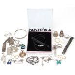 Antique and later silver jewellery and a pair of 9ct gold hoop earrings including pendants on
