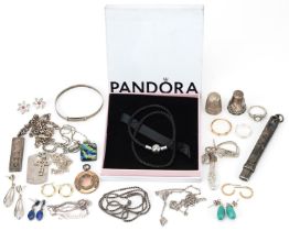 Antique and later silver jewellery and a pair of 9ct gold hoop earrings including pendants on