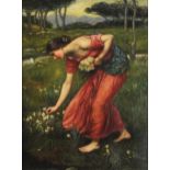 Female picking flowers, Pre-Raphaelite school oil on board, 39cm x 29cm