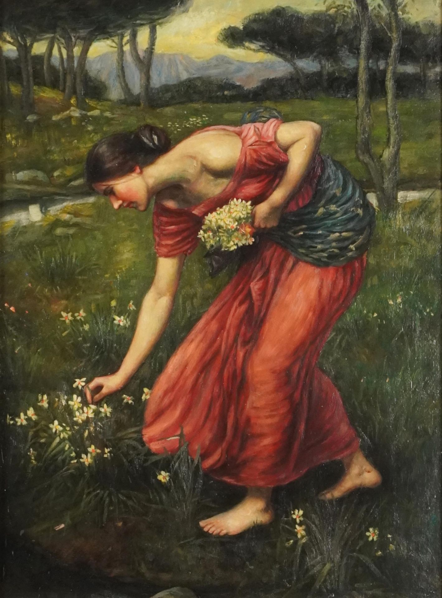 Female picking flowers, Pre-Raphaelite school oil on board, 39cm x 29cm