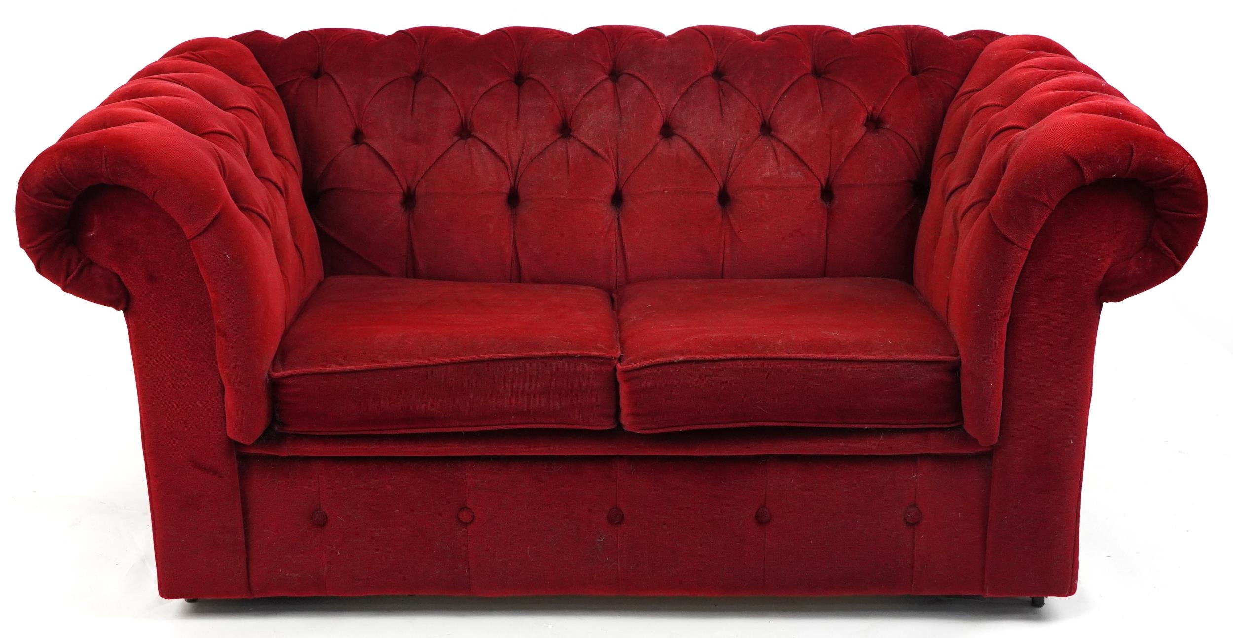 Chesterfield two seater settee/sofa bed with red button back upholstery, 73cm H x 152cm W x 88cm D