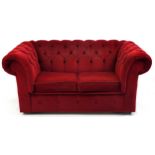 Chesterfield two seater settee/sofa bed with red button back upholstery, 73cm H x 152cm W x 88cm D