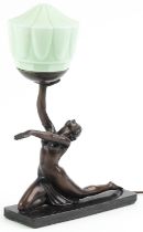 Art Deco style bronzed figural table lamp with green glass shade in the form of a semi nude female