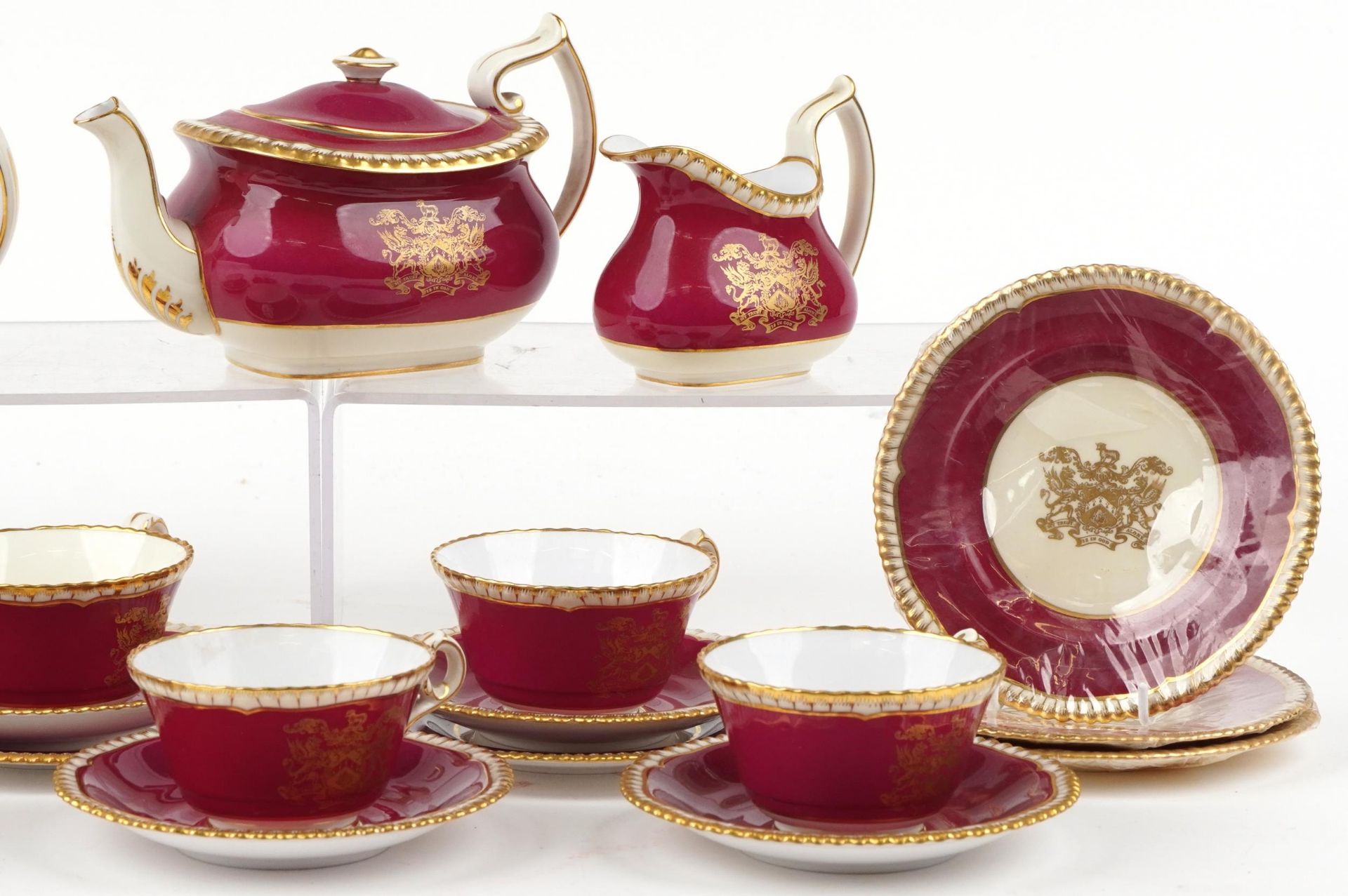 Spode six place tea service commemorating Elizabeth II 1953 Coronation comprising teapot, six trios, - Image 3 of 4