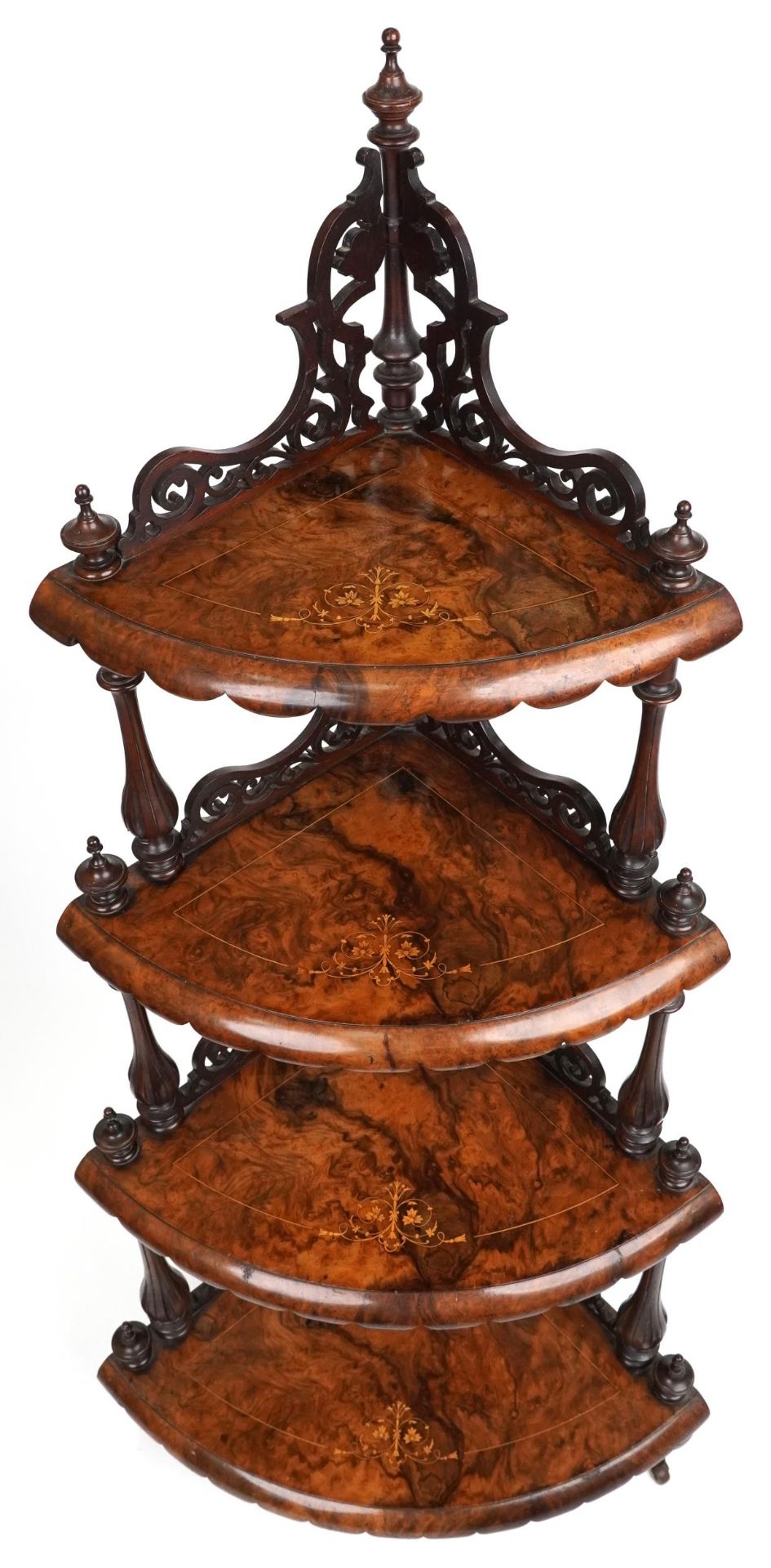 Victorian inlaid burr walnut four tier corner whatnot on casters, 150cm high - Bild 2 aus 3
