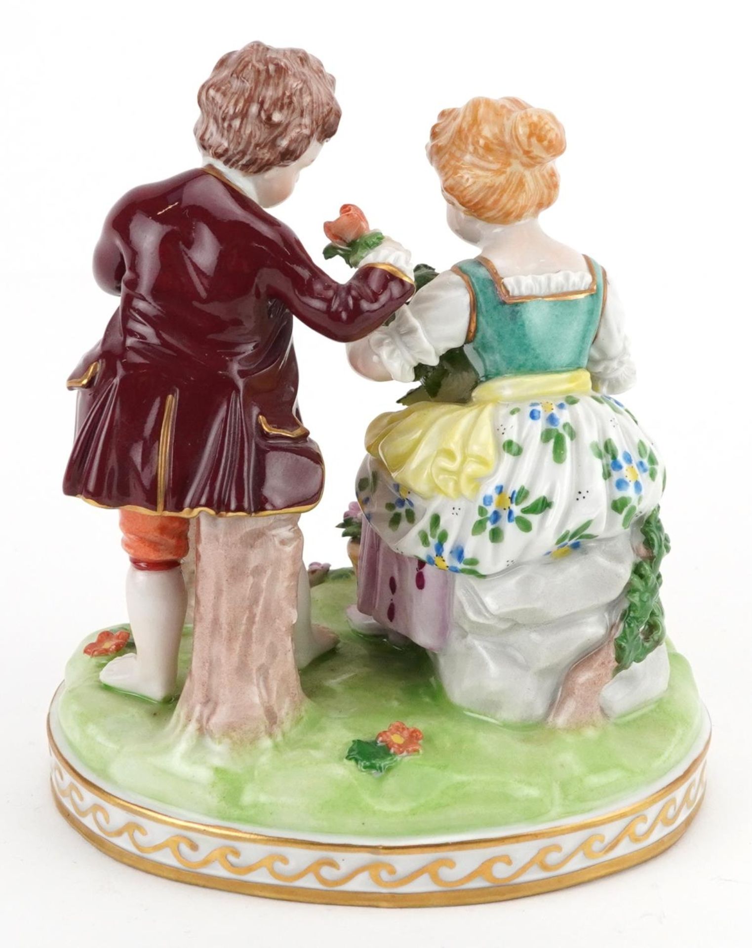 Dresden, German porcelain comprising a summer figure group of a young boy and girl holding flowers - Image 5 of 6