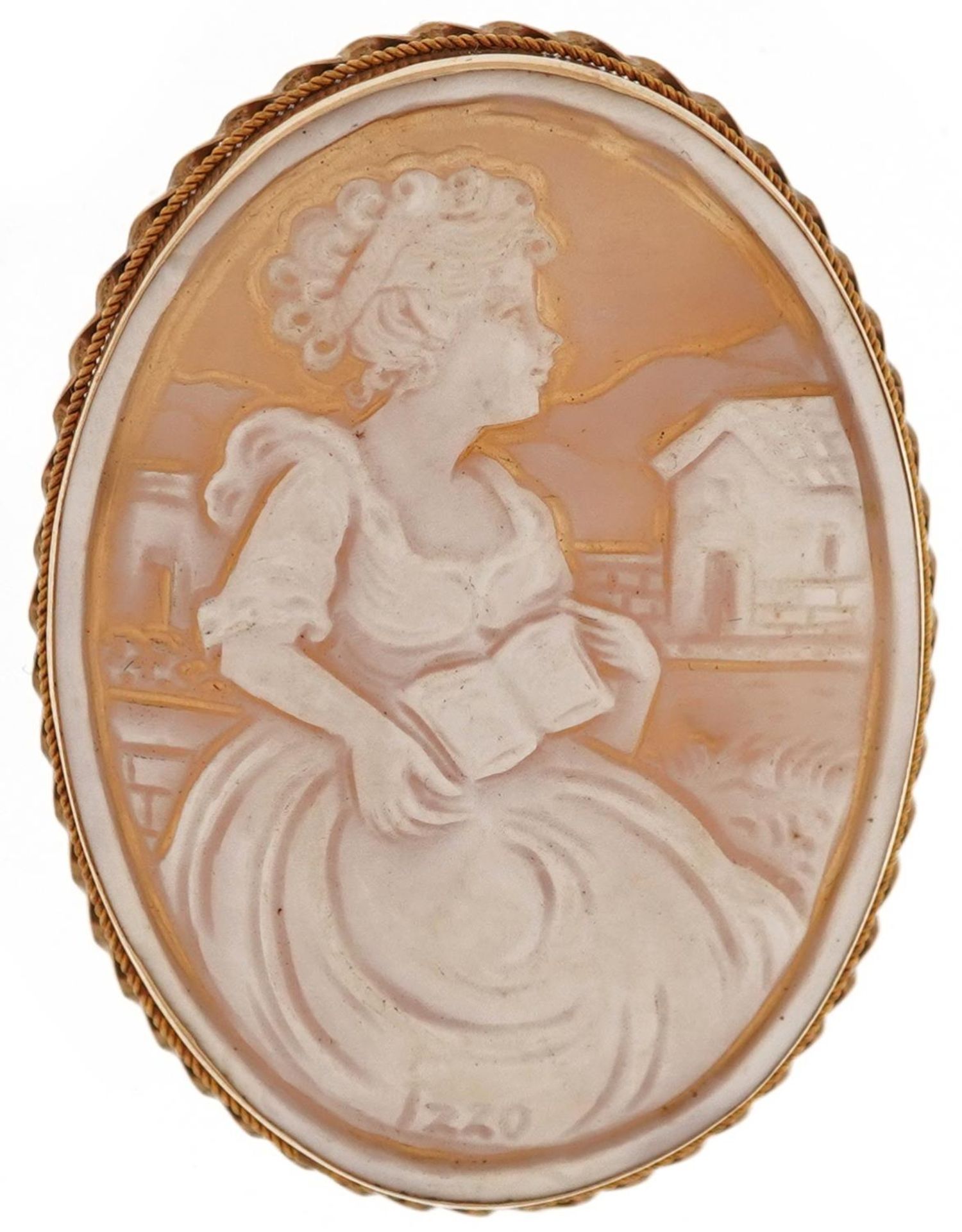 9ct gold mounted shell cameo pendant brooch carved with a young female reading a book, 5cm high, 5.