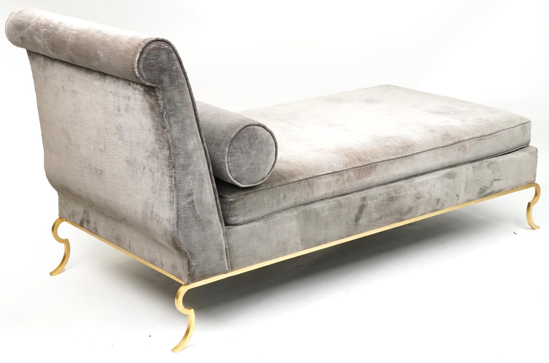 Contemporary grey upholstered chaise longue with gilt metal frame, 91cm H x 175cm W x 77cm D - Image 3 of 3