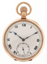 Doxa, gentlemen's 9ct gold open face keyless pocket watch having enamelled and subsidiary dials with