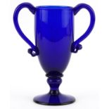 Antique Bristol Blue pedestal cup with twin handles, 16cm high