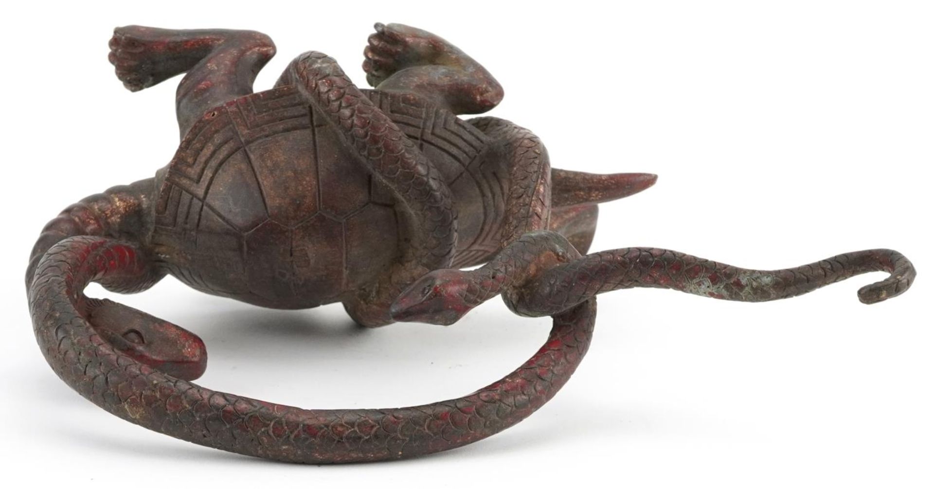 Chinese partially gilt and red lacquered bronze of a mythical tortoise and serpent, 26cm in length - Image 6 of 7