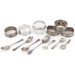 Edwardian and later silver objects including a buttonhole napkin clip, napkin rings, teaspoons and
