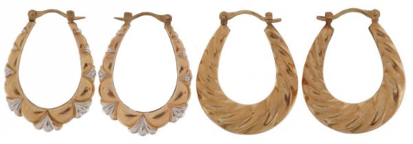 Two pairs of 9ct gold embossed hoop earrings including a pair of two tone gold, each 3cm high, total