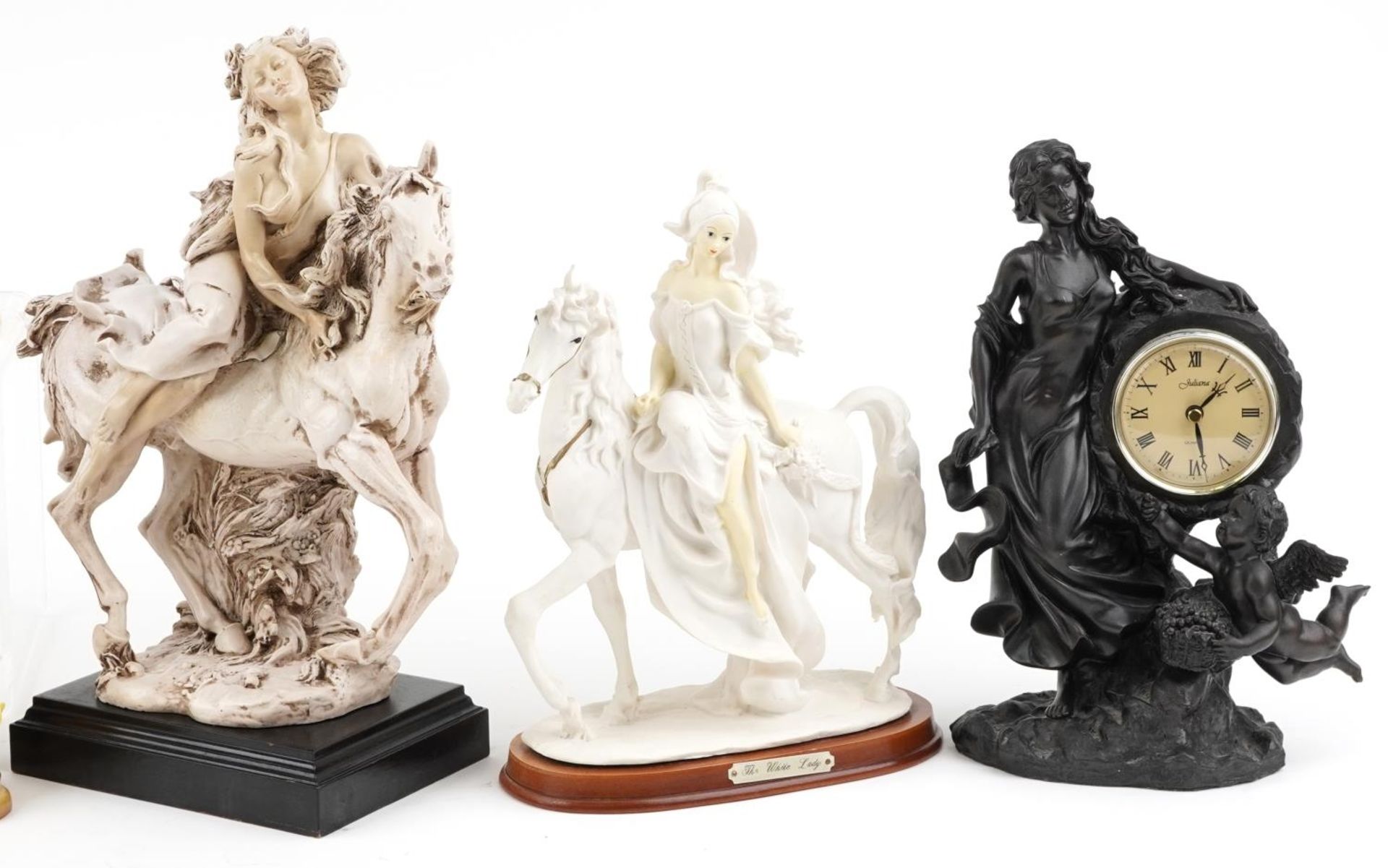 Decorative figures including a bronzed figural mantle clock, statue of a female on horseback - Bild 3 aus 4