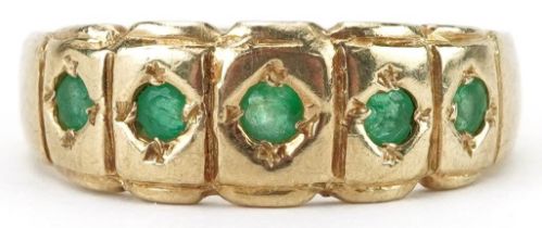 9ct gold emerald five stone ring, size K, 3.7g
